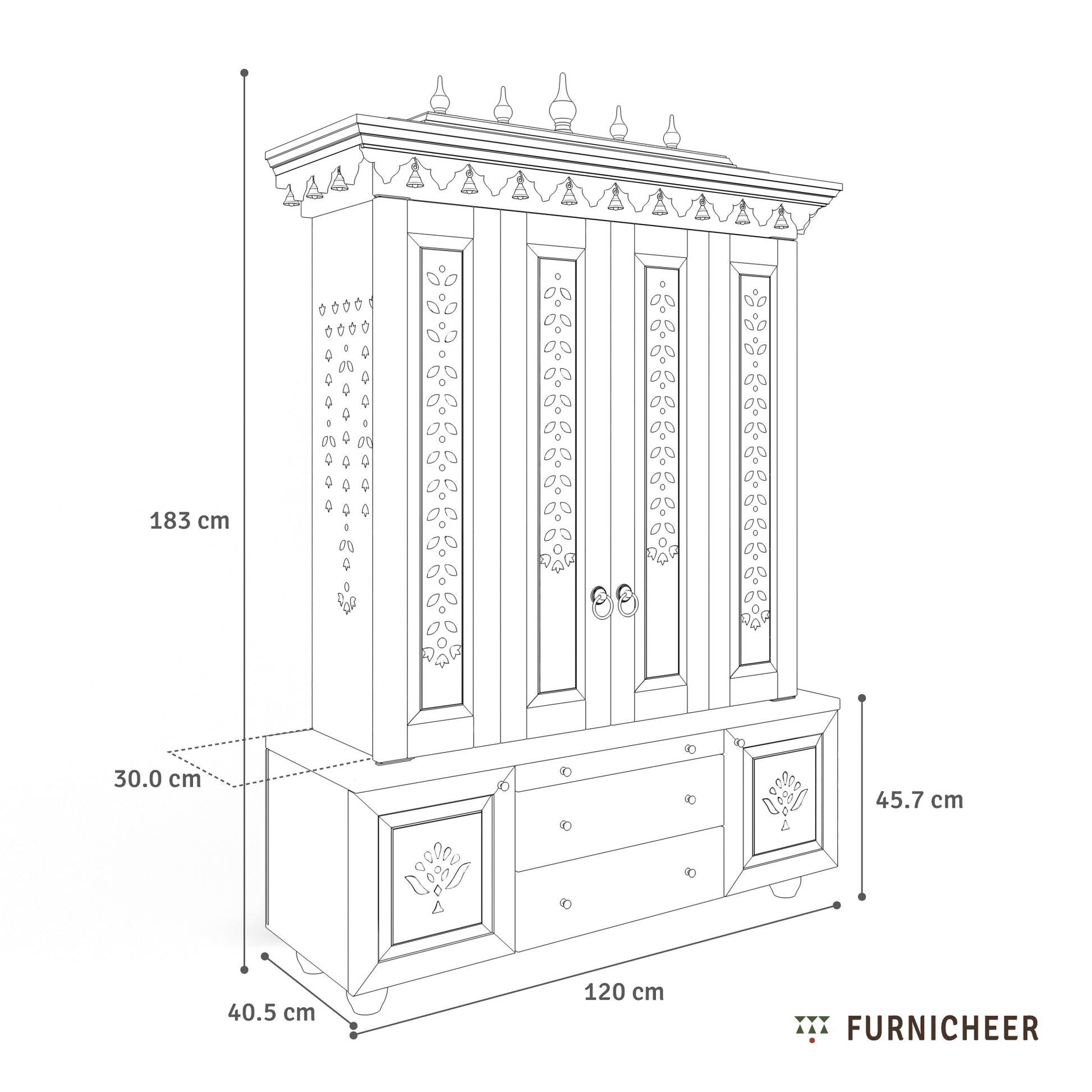 Line drawing of a decorative pooja cabinet with dimensions labeled, branded 'Furnicheer'.
