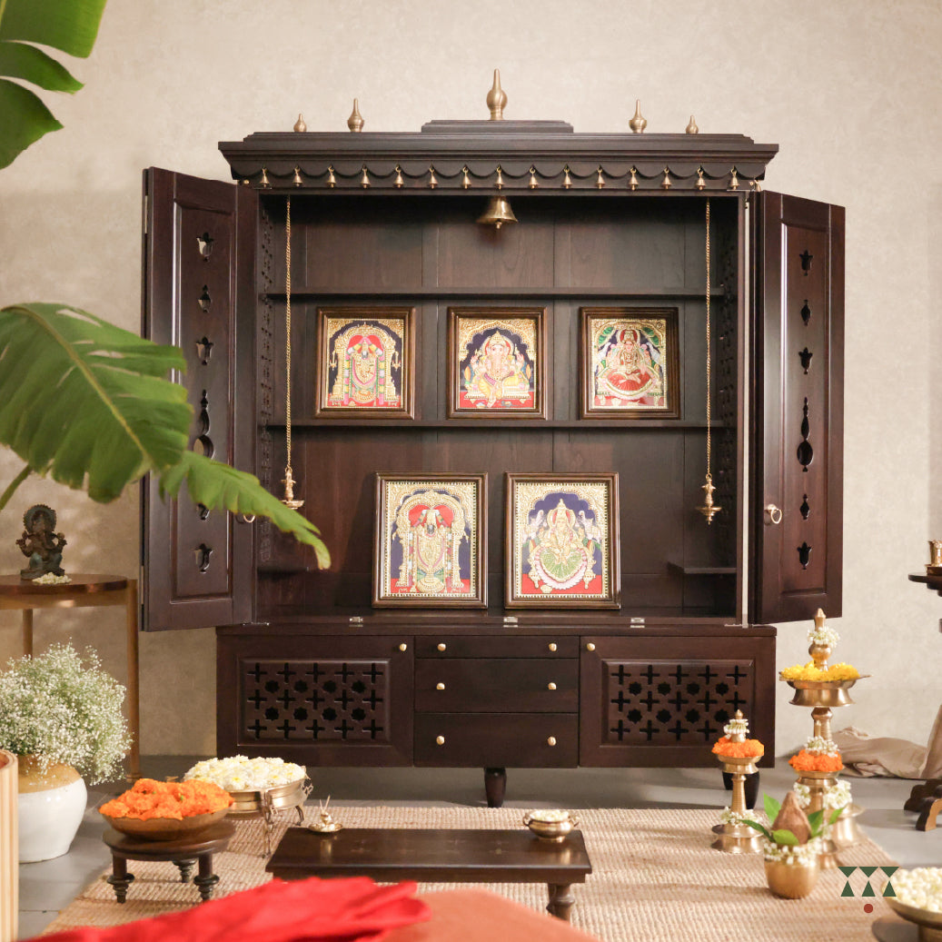 Front View of Vignaharta Temple - A Traditional wooden temple cabinet with decorative items in a room setting
