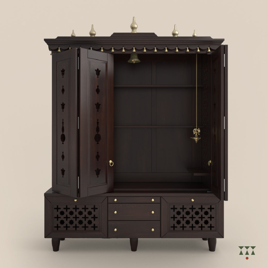 Front View of Vignaharta temple with door shutters partially open and decorative elements on a beige background