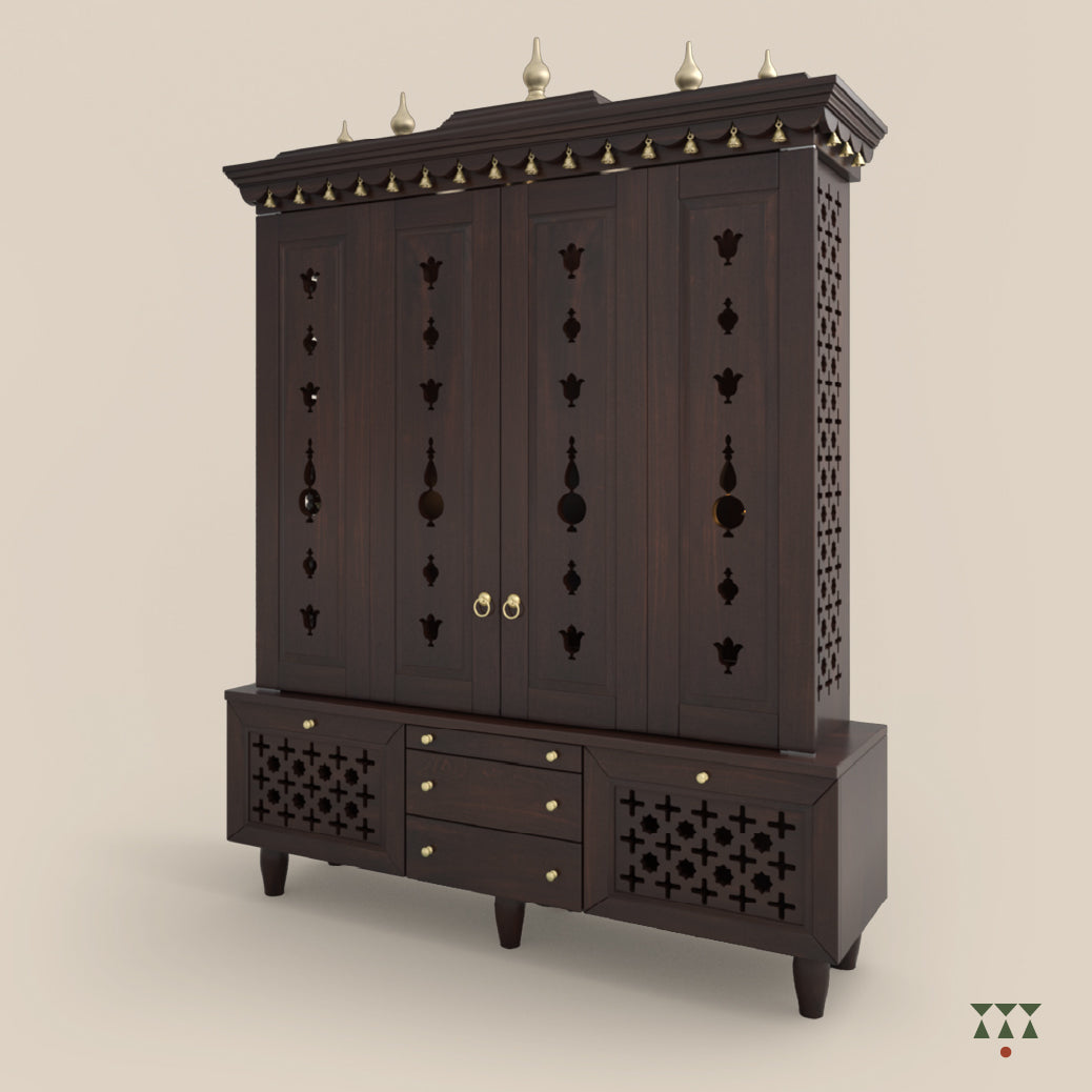 Perspective view of Vignaharta temple with cabinet doors closed and decorative patterns on a beige background