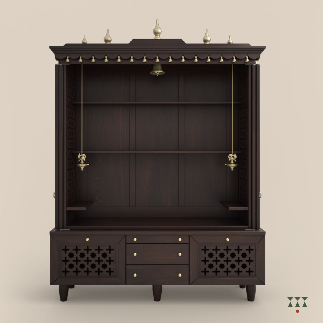 Front view of Vignaharta temple with open door cabinet shutters showing decorative elements on a beige background