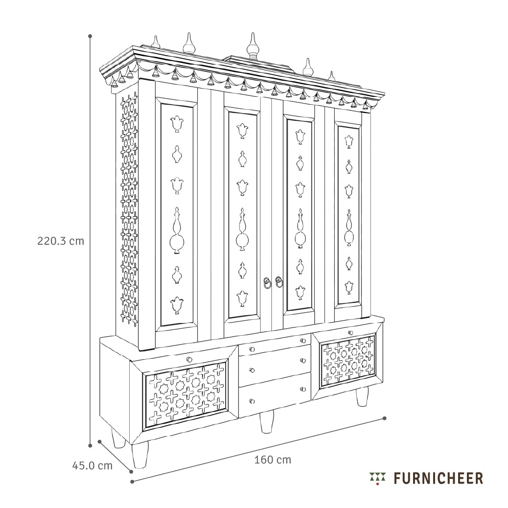 Line drawing of Vignaharta temple - a decorative mandir cabinet with dimensions labeled, featuring the brand-Furnicheer