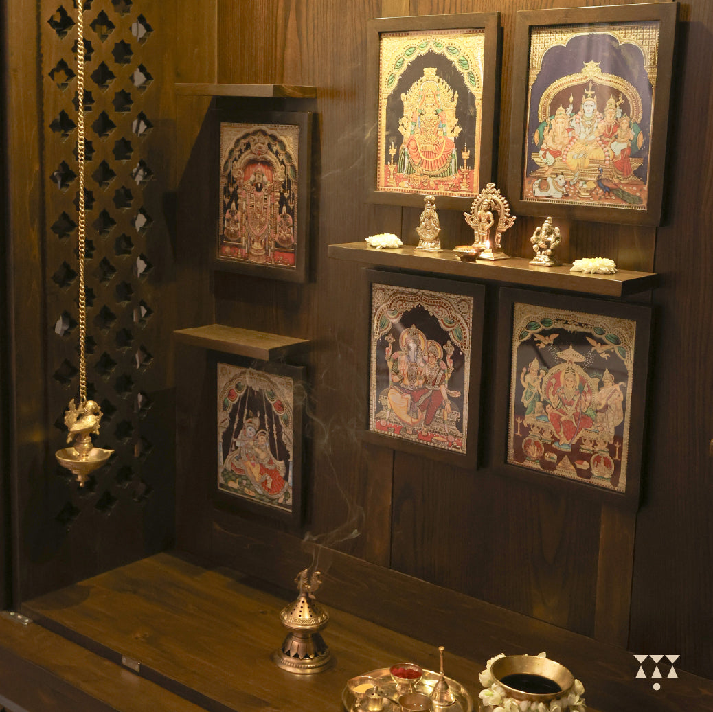 Close up of Vikat temple interior with doors open and religious icons and decorations on fixed shelves.