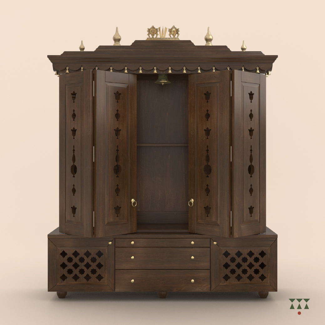 Front view of Vikat solid wood temple with its doors partially open, showing intricate designs on a beige background