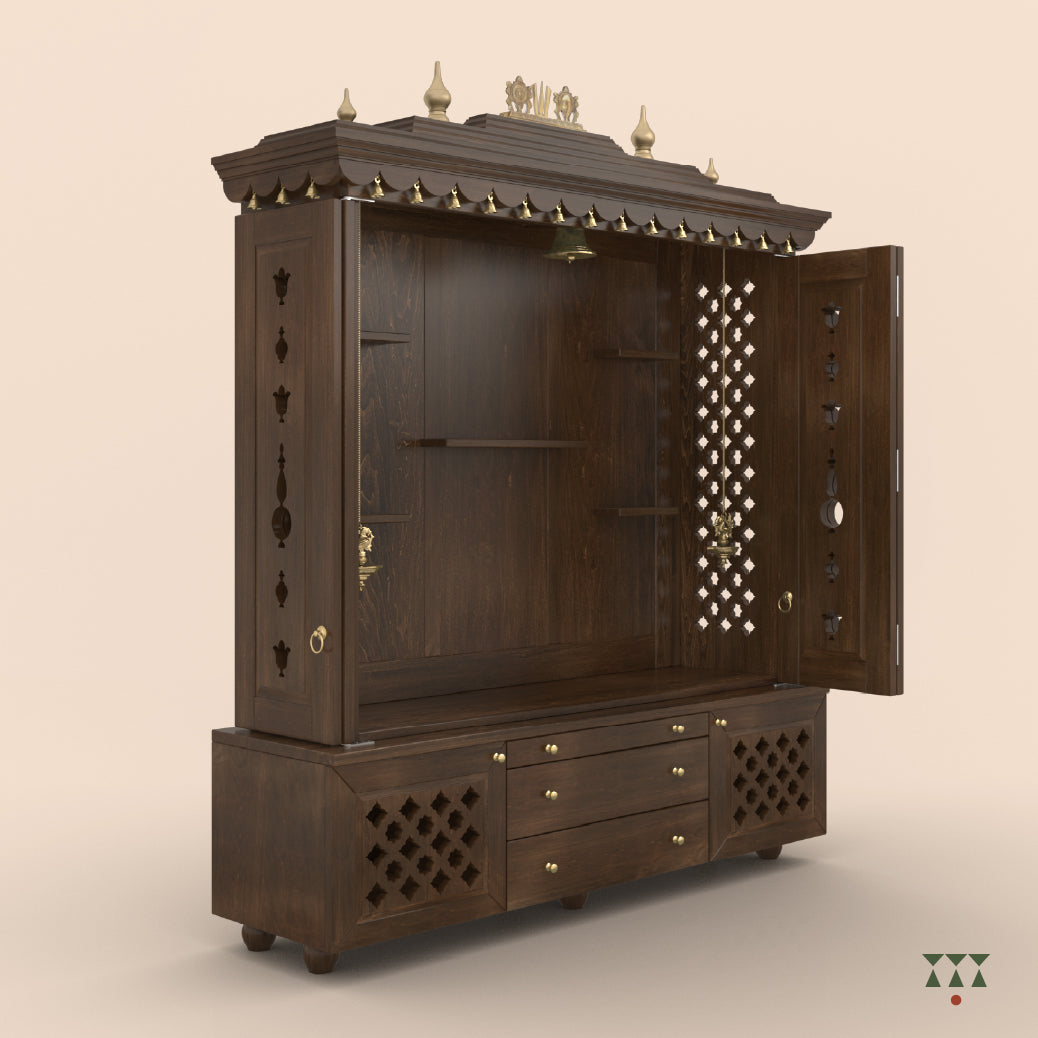 Perspective view of Vikat Temple with intricate designs and open doors on a beige background