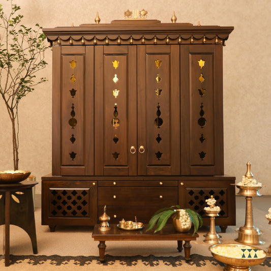 Front view of Vikat Temple - wooden home temple altar with decorative elements in a room setting
